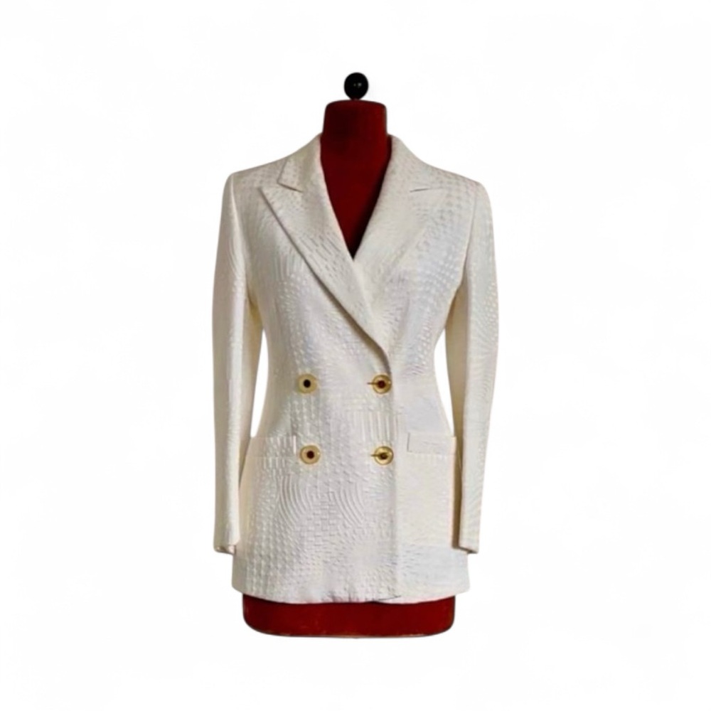 Escada Margaretha Ley Vintage White Cotton /Silk Blazer Gold  Buttons Size 44